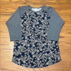 LuLaRoe 3/4 Sleeve Navy Floral Top with Gray Sleeves